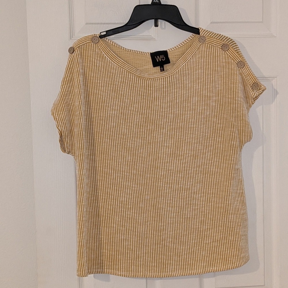 W5 Mustard Yellow White Striped Boat Neck Top with Shoulder Buttons Size L